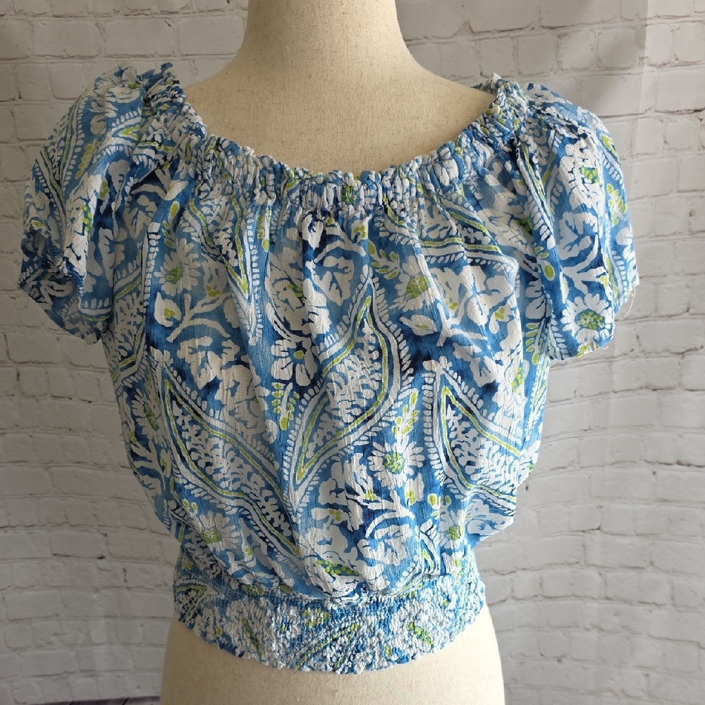Christian Siriano NY Blue White Paisley Linen‎ Blend Smocked Top Small - Picture 6 of 9